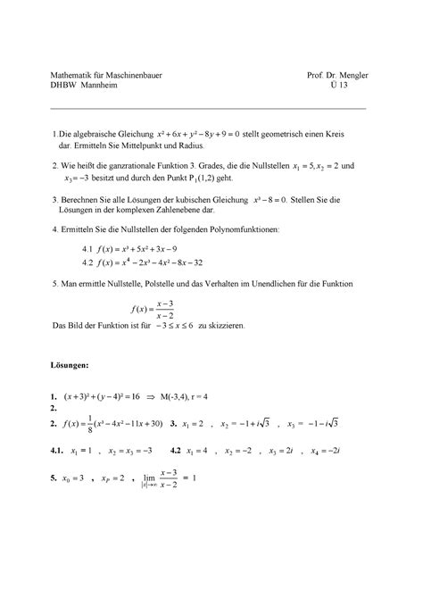 Ü 13 Ba Mit Lösung Mathematik Für Maschinenbauer Prof Dr Mengler