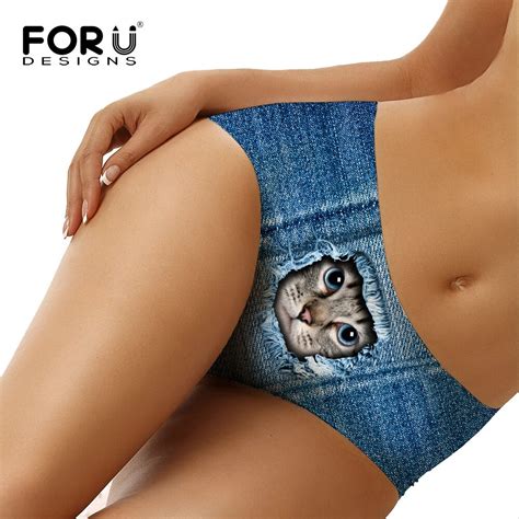 Forudesigns Women Swimming Trunks Bikini Bottoms Denim Cat Printing