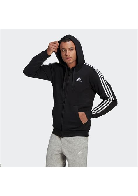 Adidas Mens Essentials Fleece 3 Stripes Full Zip Hoodie Black Onceit