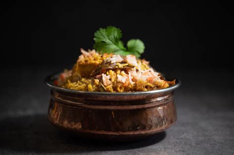 Spicy Indian Biryani Pulao In Golden Bowl With India Basmati Rice Dish