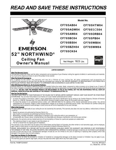 Emerson Ceiling Fan User Manual Shelly Lighting