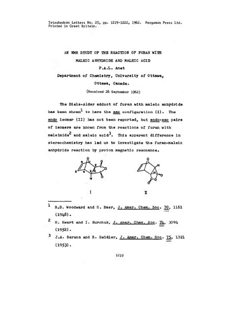 An Nmr Study Of The Reaction Of Furan With Maleic Anhydride And Maleic