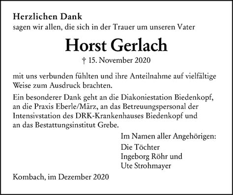 Traueranzeigen Von Horst Gerlach Vrm Trauer De