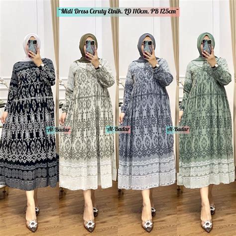 Jual Midi Dress Ceruty Etnik Kerah Oval Mix Kancing Midi Dress Ceruty