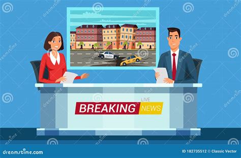 Live Breaking News Flat Illustration. TV Studio Interior Vector Illustration. Television News ...