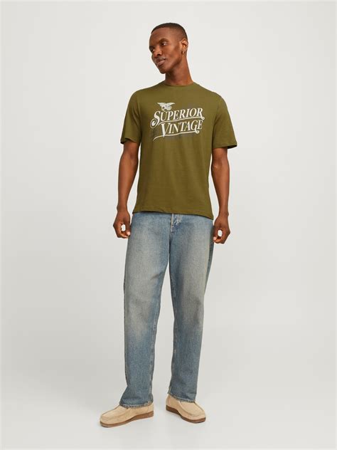 Printed Crew Neck T Shirt Medium Green Jack And Jones®