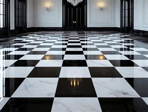 A Black And White Checkered Floor In A Large Room With A Chandelier