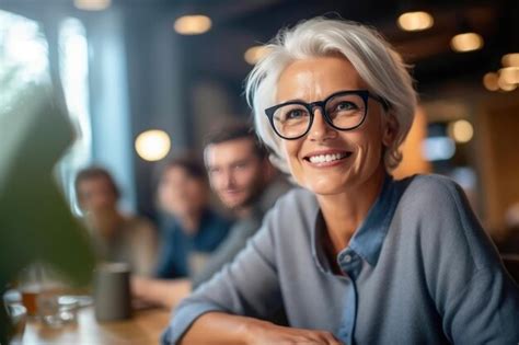 Premium Photo Smiling Aged Businesswoman In Glasses Generative Ai