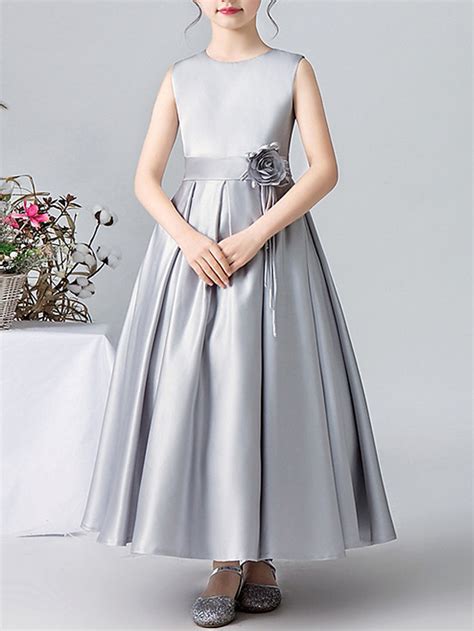 Daisda A Line Ankle Length Satin Flower Girl Dress With Pleats Appliques