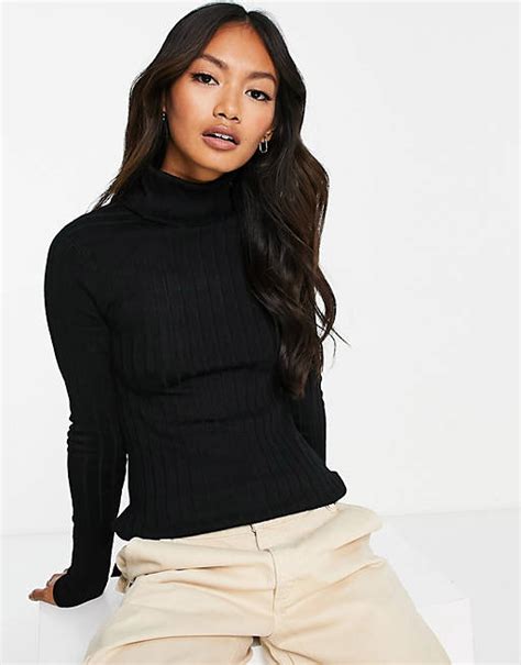 River Island Wide Rib Roll Neck Jumper In Black Asos