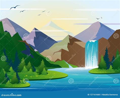 Vector Illustration Of Beautiful Waterfall In Mountains Landscape With