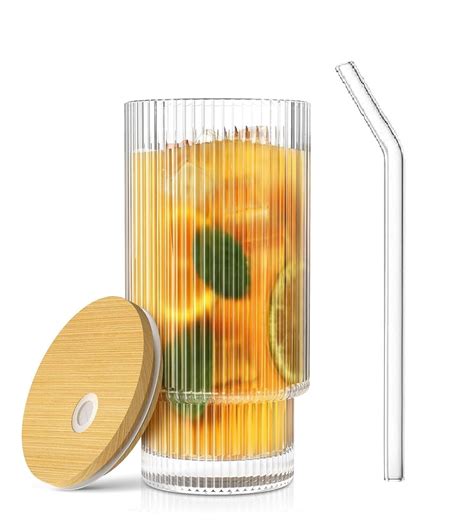 Buy SAINTSLAVE Ribbed Drinking Glasses Tumbler Set Of 1 Bamboo Lids And