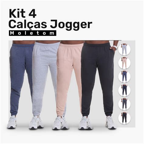 Kit 4 Calças Jogger Moletom Masculina Premium Bolsos Laterais para