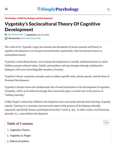 Lev Vygotskys Sociocultural Theory Of Cognitive Development