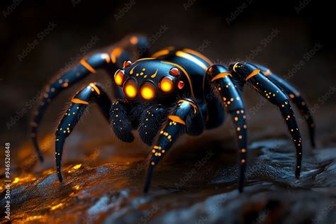 Spider and the eerie glow of its eyes, depicted in an artwork where the ...