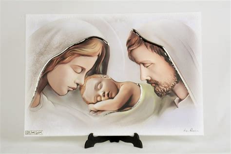 Quadro Moderno Sacra Famiglia Legno Decorato Finiture In Argento 33x23