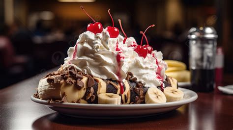 Cone Shaped Sundae With Vanilla Ice Cream Topped With Bananas