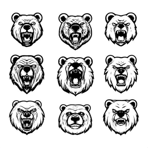 Premium Vector Set Of Black And White Bear Head Illustration