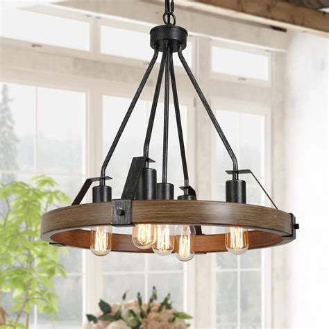 LNC Brown Round Chandelier Rustic 5 Light Wagon Wheel Black Chandelier