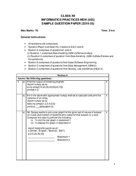 12 IP CBSE Sample Papers 2020 NEW CLASS XII INFORMATICS PRACTICES NEW