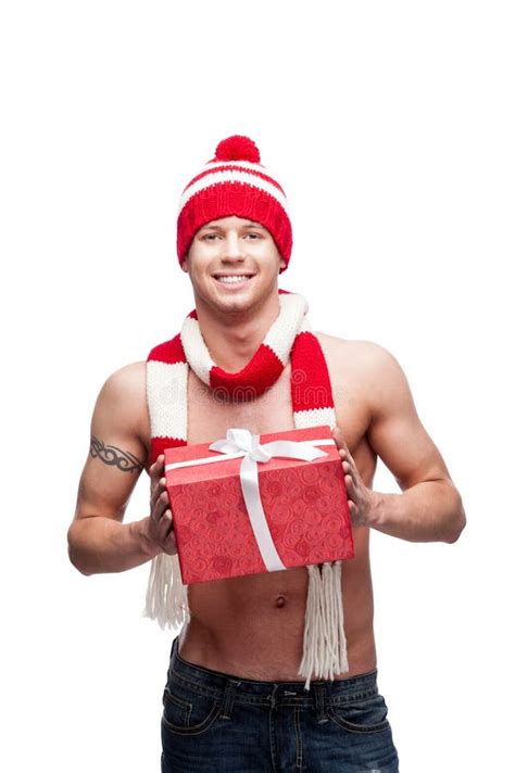 Funny Naked Man Holding Christmas Gift Stock Photos Free Royalty