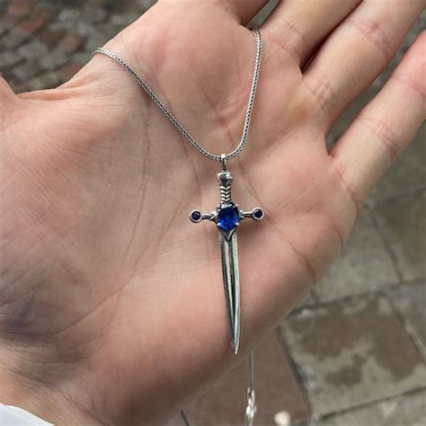 Silver Sword Pendant Sapphire Stone Sword Necklace Silver Etsy