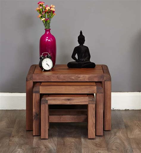 Baumhaus Shiro Solid Walnut Nest Of 3 Coffee Tables Fully Assembled