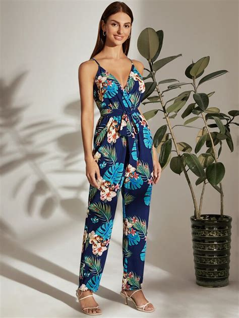 Shein Vcay Surplice Neck Self Belted Tropical Cami Jumpsuit Shein Uk