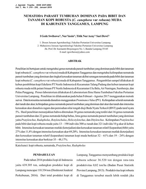 Pdf Nematoda Parasit Tumbuhan Dominan Pada Bibit Dan Tanaman Kopi Robusta C Canephora Var