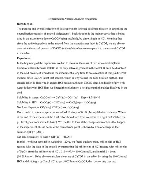 Exp Lab Report Experiment Antacid Analysis Discussion