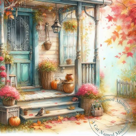 10 Autumn Shabby Chic Porch Clipart Vintage Fall Clip Art Watercolor ...