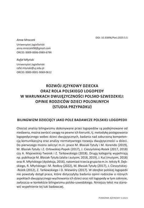 PDF Anna Mroczek Rafał Młyński ROZWÓJ JĘZYKOWY DZIECKA ORAZ ROLA