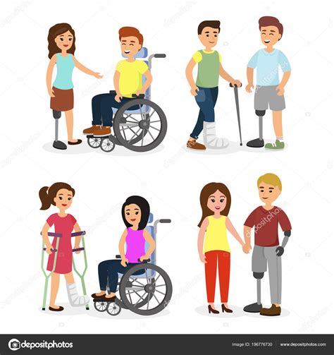 Vector Illustration Set Of Disabled People And Handicapped With Friends