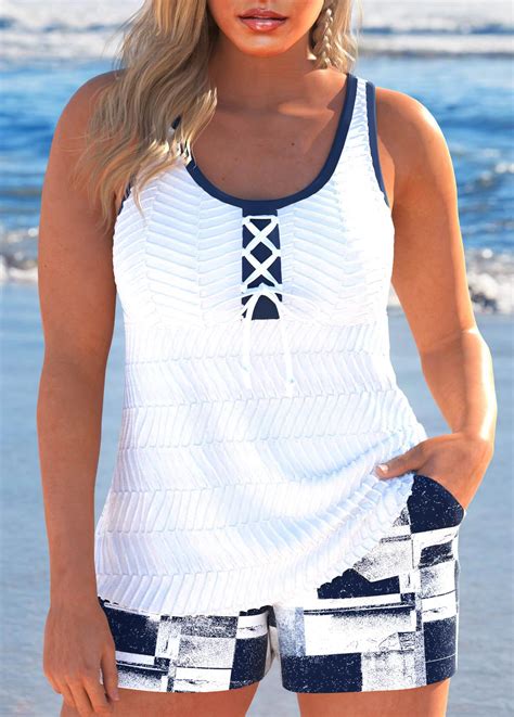 Plus Size Jacquard Navy Geometric Print Tankini Set Modlily Usd