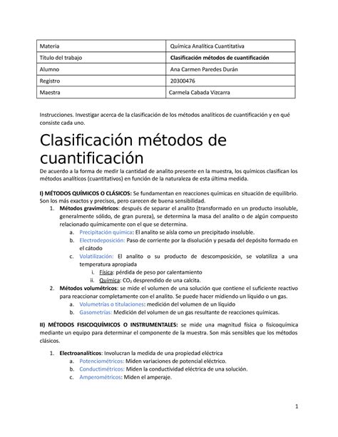 Clasificación de los métodos de cuantificación Materia Química