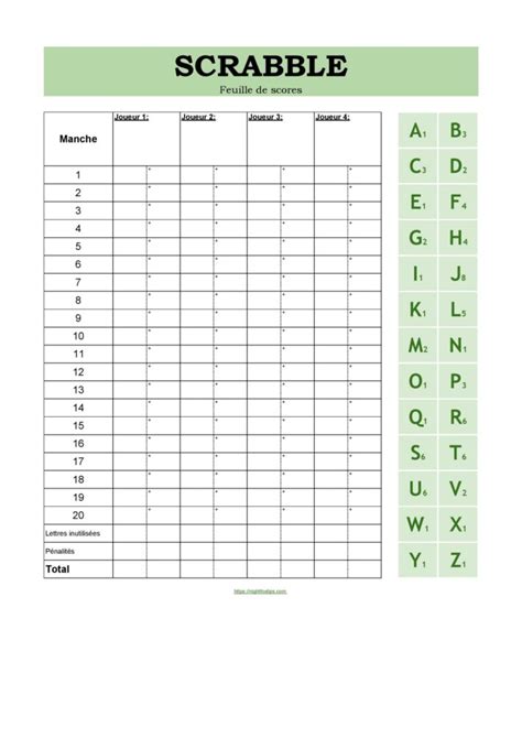 Feuille de scores Scrabble à imprimer gratuitement