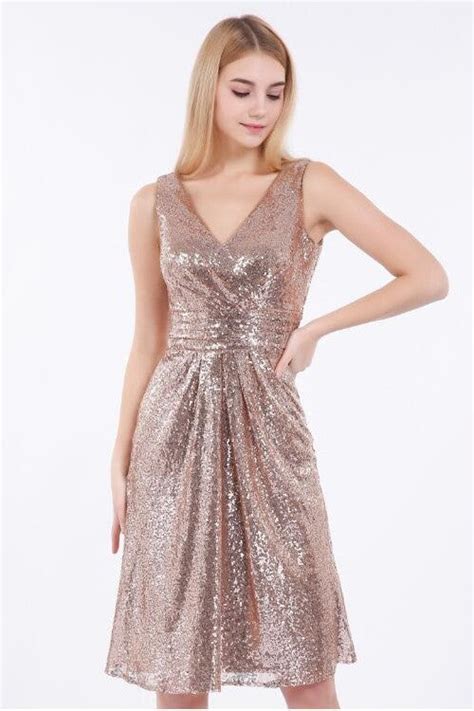 Rose Gold Sequin Short Bridesmaid Dress V Neckline Loveangeldress