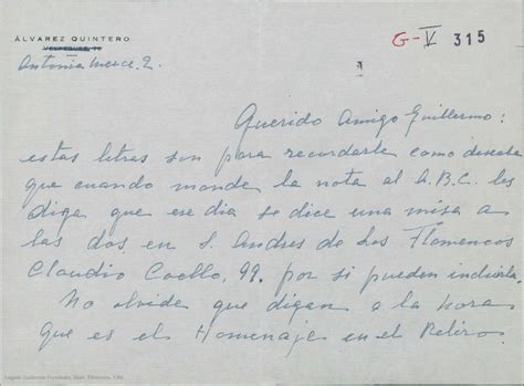 Carta de María Luisa Álvarez Quintero a Guillermo Fernández Shaw con