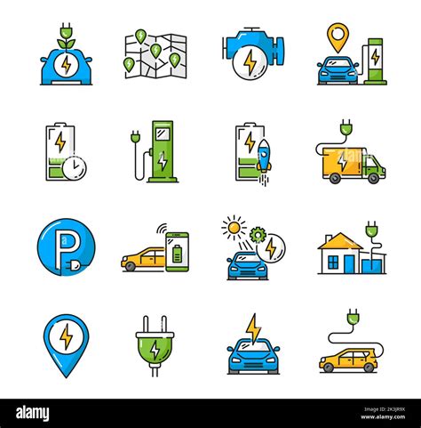 Electric Car Charge Color Icons Ev Vehicle Battery Power Recharge