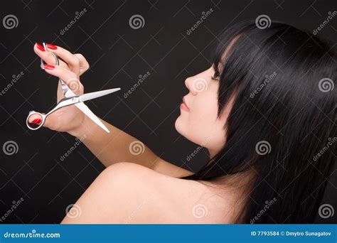 Brunette With Scissors Of The Hairdresser Stock Photo Image Of Cutting Beautiful