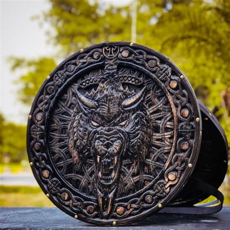 Custom Medieval Norse Fenrir Shield Wood Carved Design Best For Reenactments Viking Round