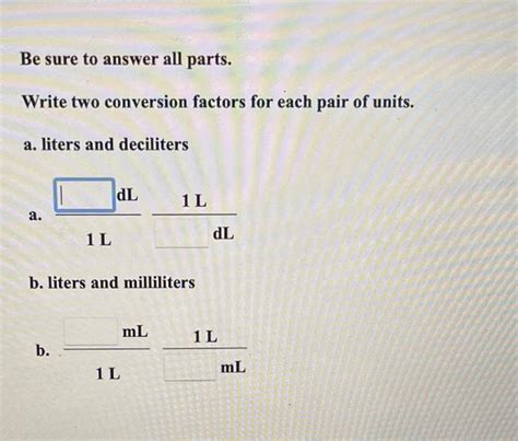 Solved a. liters and deciliters a. b. liters and milliliters | Chegg.com