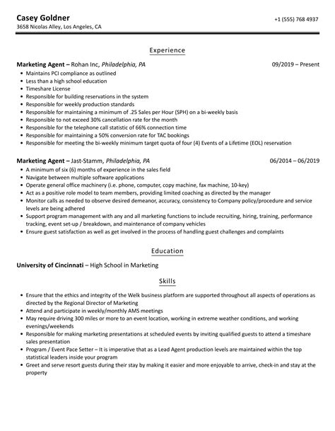Marketing Agent Resume Samples | Velvet Jobs