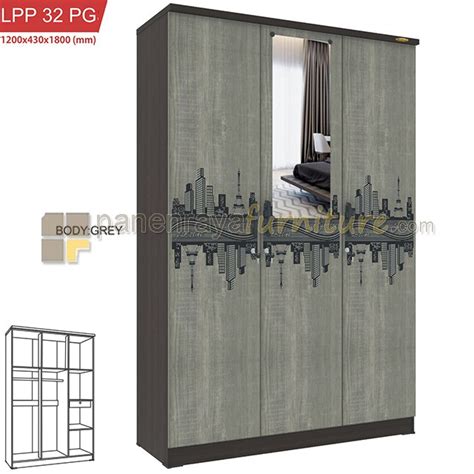 Jual Lemari Pakaian Lemari Baju 3 Pintu Kaca ROMARO LPP 32 PG Walnut