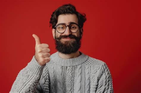 Handsome Man In Glasses Gives Thumbs Up On Red Background Premium Ai