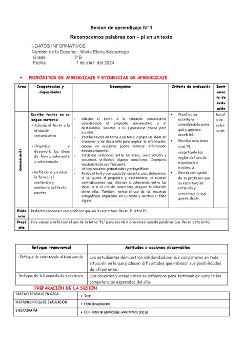 Sesiones De Aprendizaje Sem 1 Al 5 De Abril Sesion De Aprendizaje N