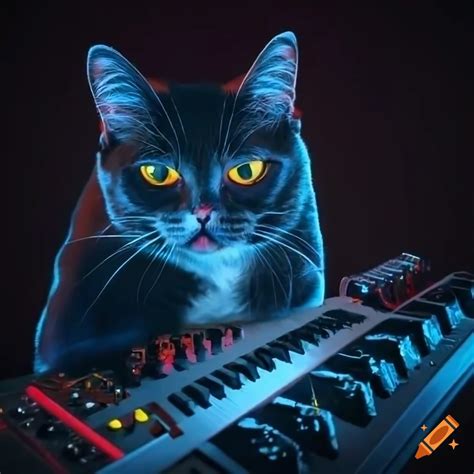 Tuxedo Cat Playing A Moog Synthesizer