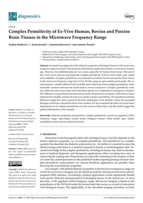 Pdf Complex Permittivity Of Ex Vivo Human Bovine And Porcine Brain