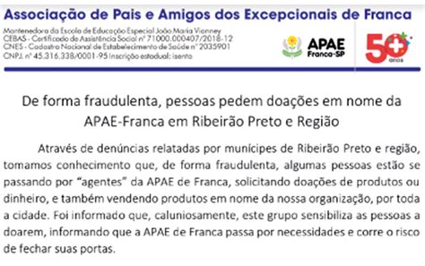 Apae De Franca Sp Alerta Moradores Da Regi O De Ribeir O Preto Sp