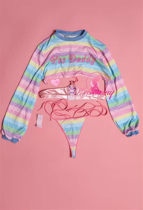 Plus Size Sexy Lingerie Set Yes Daddy Rainbow Stripe Long Sleeve Short Top And Panty Set Top